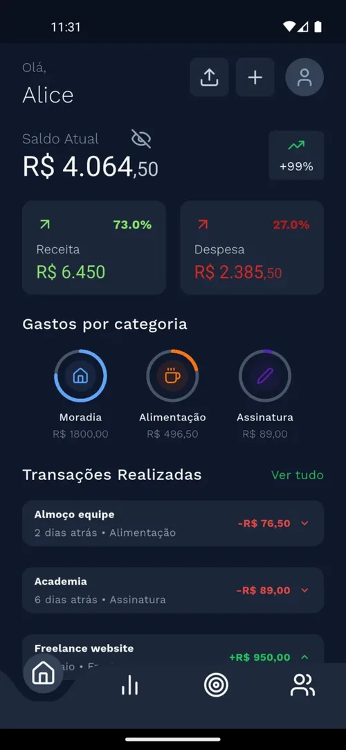 Tela inicial do Monetro exibindo o resumo financeiro